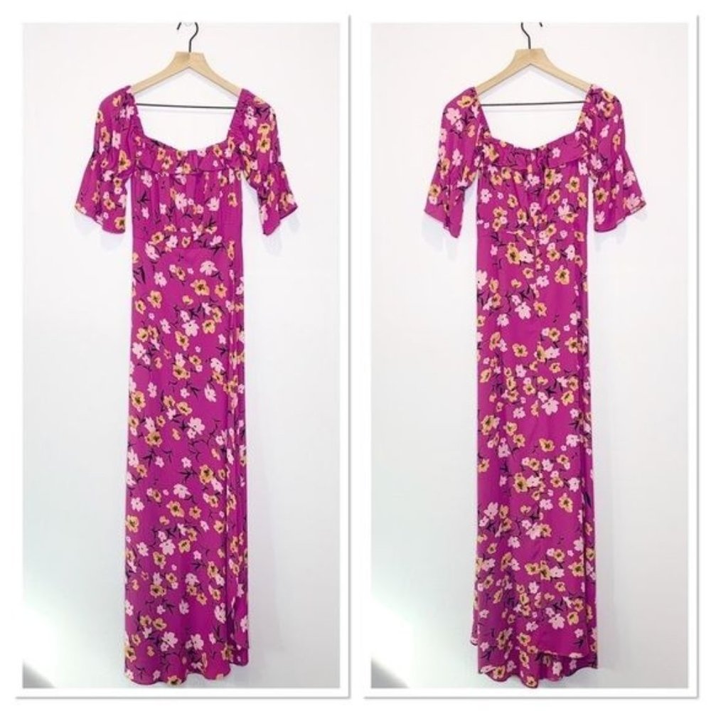 Flynn Skye Berry Floral Kiss Off Shoulder Short Smocked Sleeve Maxi Dress Small - Picture 1 of 10